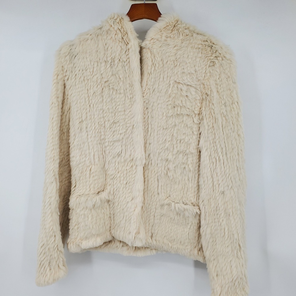 Vintage Y2K Jennyfer J Cream Real Rabbit Fur Hooded Jacket Mob Wife M Apres Ski